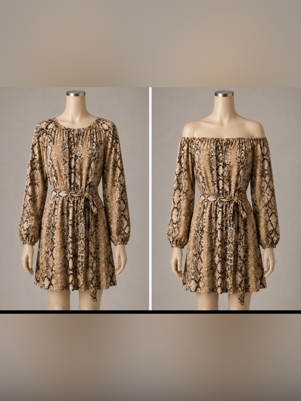 Michael Kors Taupe Snake-Print Long Sleeve Mini Dress